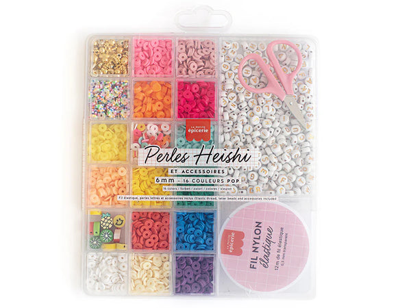 קופסת יצירה גדולה – 16 צבעים של חרוזי Heishi POP ואביזרים + חרוזי אותיות, מספריים וחוט אלסטי