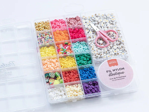 קופסת יצירה גדולה – 16 צבעים של חרוזי Heishi NATURE ואביזרים + חרוזי אותיות, מספריים וחוט אלסטי