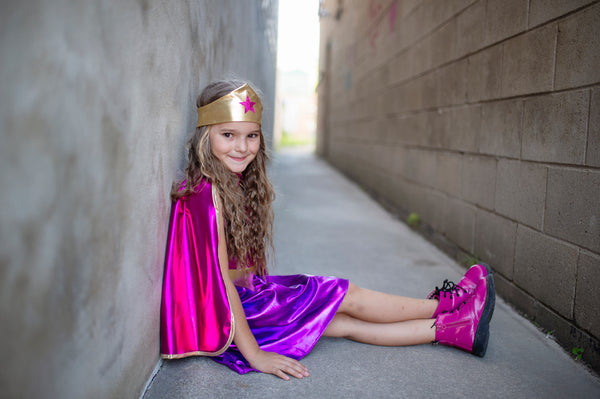 Superhero Star purple dress, cape and headband