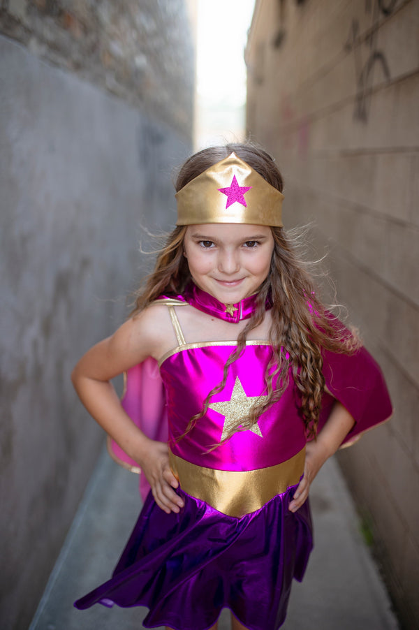 Superhero Star purple dress, cape and headband